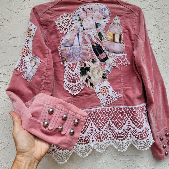 Velvet Edwardian Jacket Rose Patchwork Crochet Magnolia Champagne Vintage Lace - Picture 12 of 14
